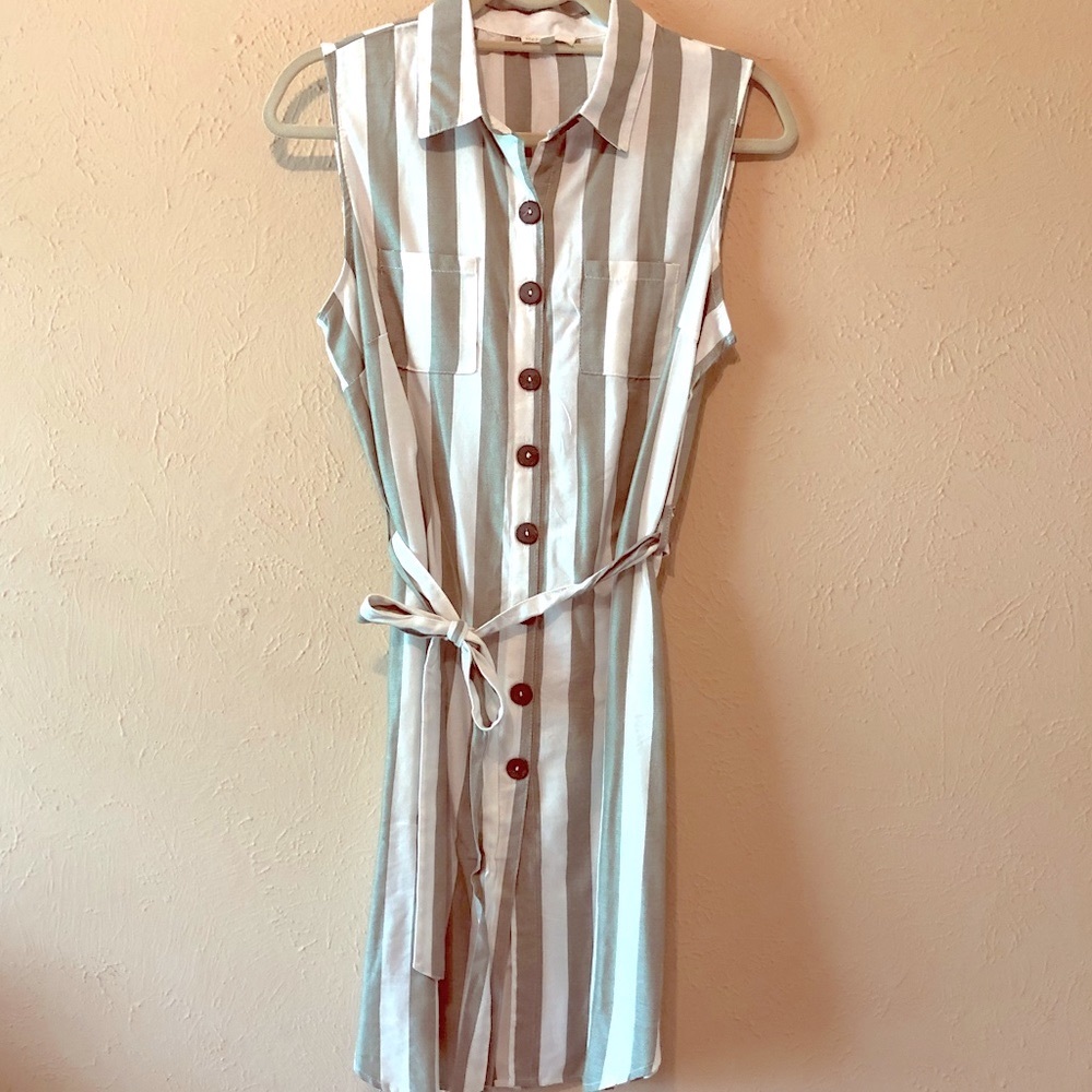 Green striped tie waist shirt dress | M